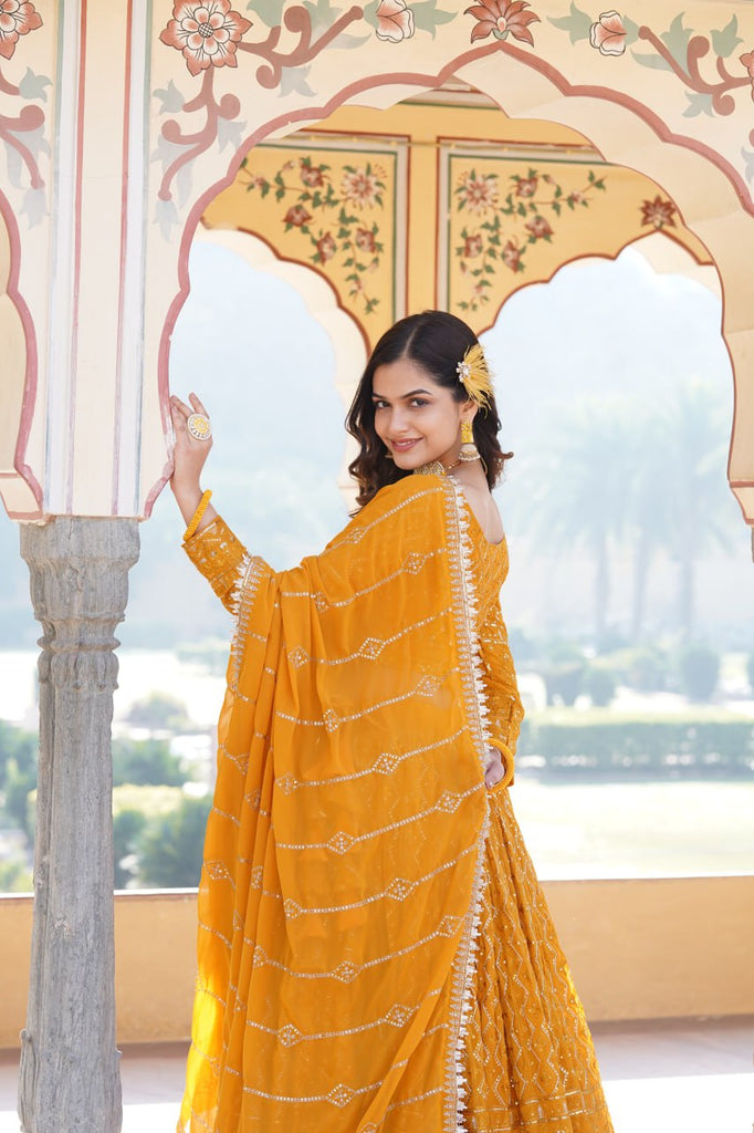 Shimmering Yellow Faux Georgette Lehenga Choli with Sequins & Thread Work ClothsVilla