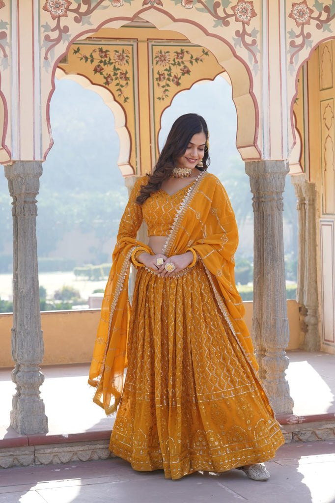 Shimmering Yellow Faux Georgette Lehenga Choli with Sequins & Thread Work ClothsVilla