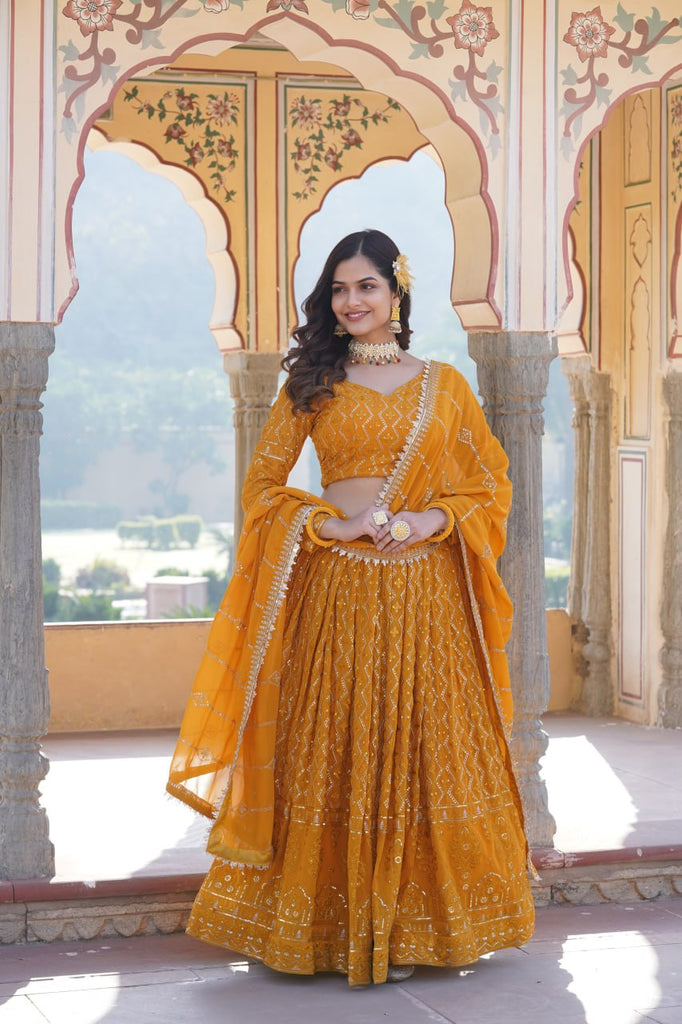 Shimmering Yellow Faux Georgette Lehenga Choli with Sequins & Thread Work ClothsVilla