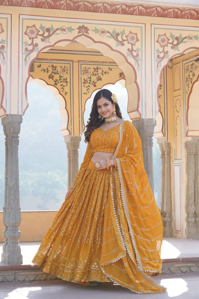 Shimmering Yellow Faux Georgette Lehenga Choli with Sequins & Thread Work ClothsVilla
