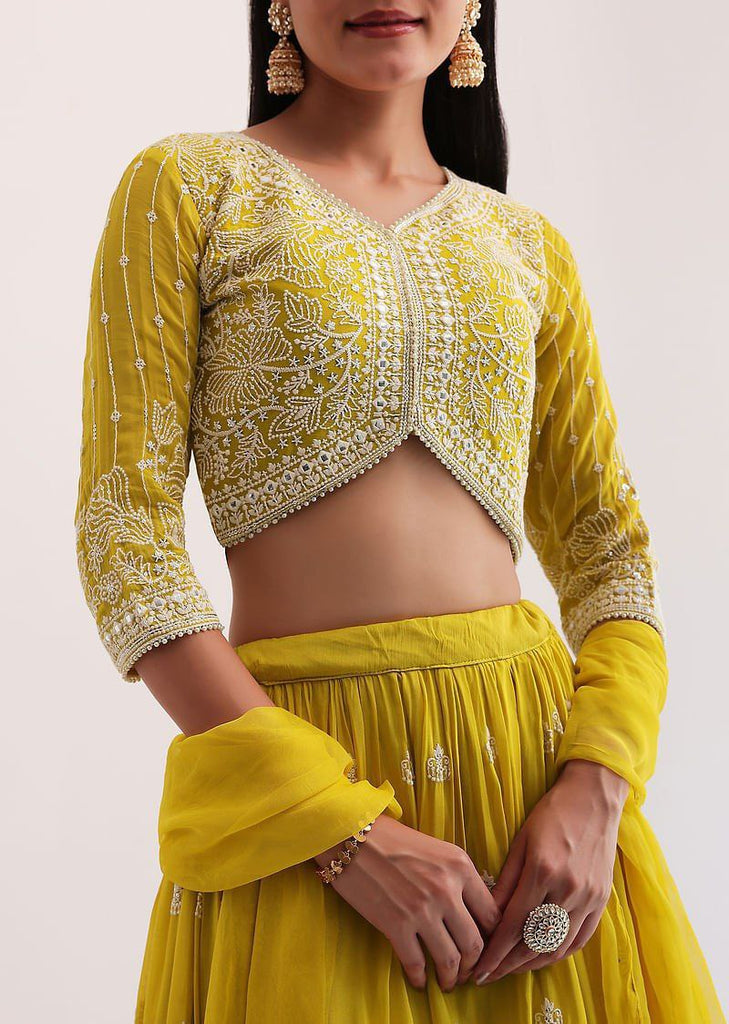 Yellow Faux Georgette Semi-Stitched Sequins Embroidered Lehenga with Can-Can, Unstitched Sequins–Embroidery Blouse & Plain Georgette Dupatta ClothsVilla