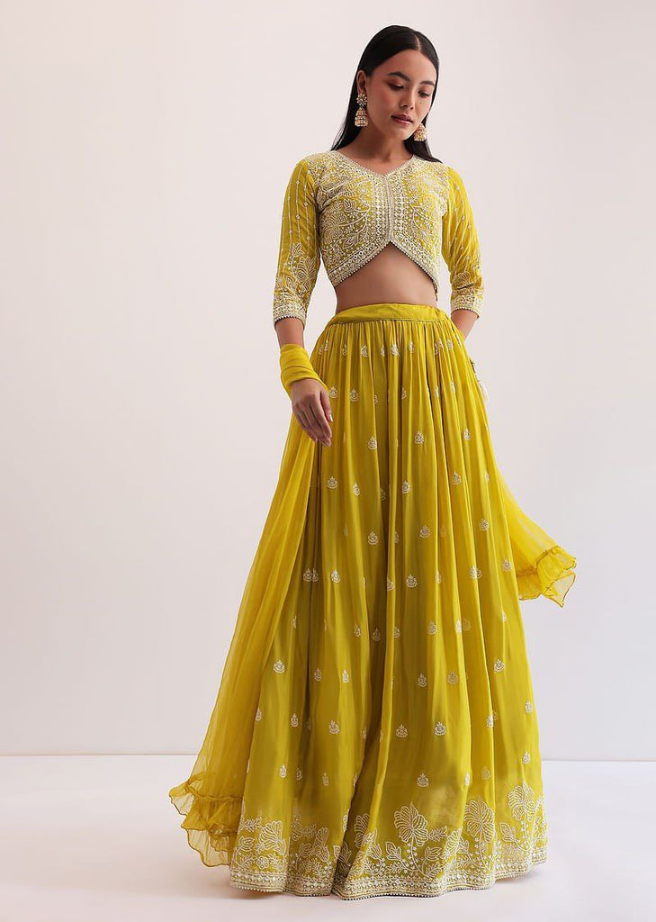 Yellow Faux Georgette Semi-Stitched Sequins Embroidered Lehenga with Can-Can, Unstitched Sequins–Embroidery Blouse & Plain Georgette Dupatta ClothsVilla