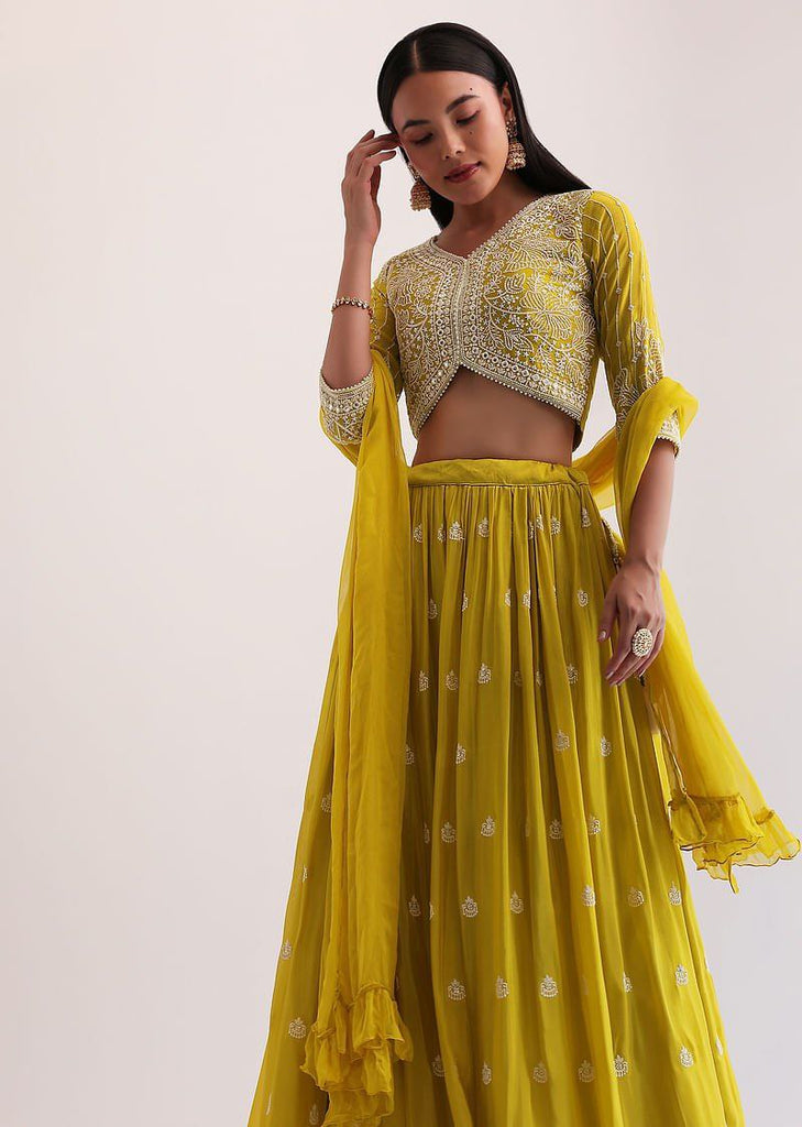 Yellow Faux Georgette Semi-Stitched Sequins Embroidered Lehenga with Can-Can, Unstitched Sequins–Embroidery Blouse & Plain Georgette Dupatta ClothsVilla