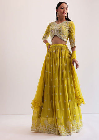 Yellow Faux Georgette Semi-Stitched Sequins Embroidered Lehenga with Can-Can, Unstitched Sequins–Embroidery Blouse & Plain Georgette Dupatta ClothsVilla