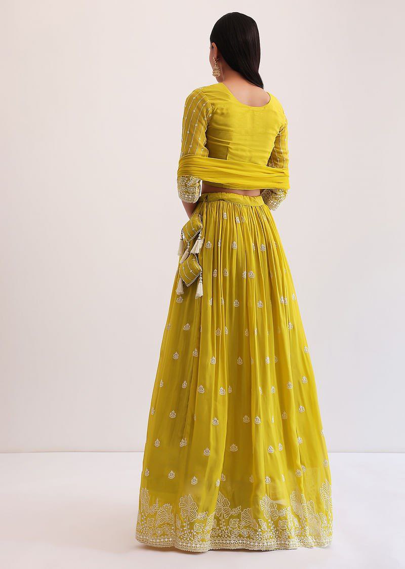 Yellow Faux Georgette Semi-Stitched Sequins Embroidered Lehenga with Can-Can, Unstitched Sequins–Embroidery Blouse & Plain Georgette Dupatta ClothsVilla