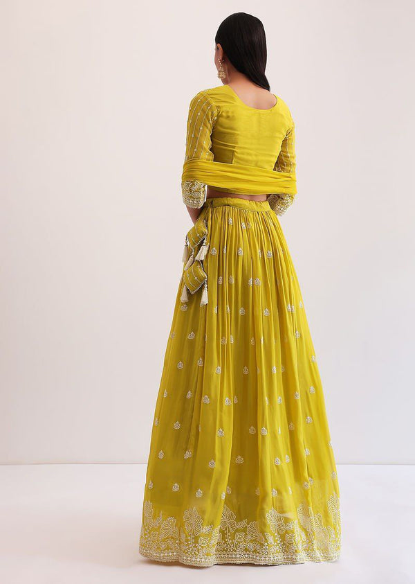 Yellow Faux Georgette Semi-Stitched Sequins Embroidered Lehenga with Can-Can, Unstitched Sequins–Embroidery Blouse & Plain Georgette Dupatta ClothsVilla