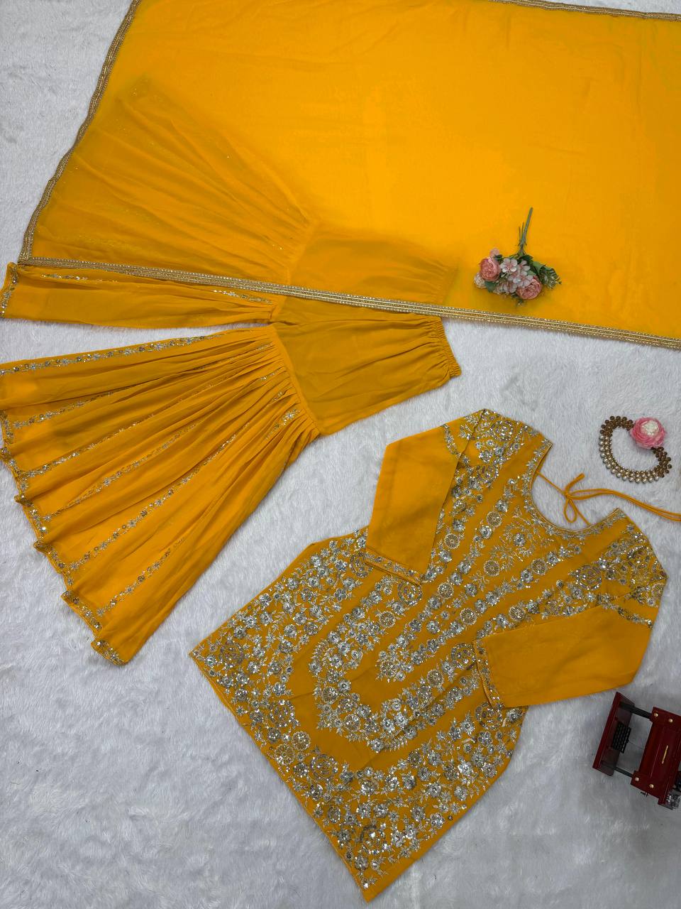Yellow Faux Georgette Sharara Set with Thread & Sequin Work Full Stitched Outfit with Lace Border Dupatta ClothsVilla