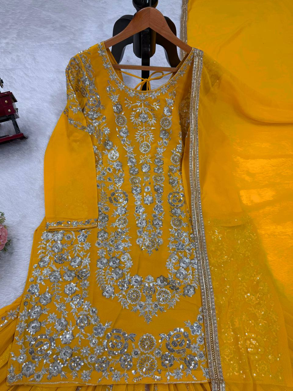 Yellow Faux Georgette Sharara Set with Thread & Sequin Work Full Stitched Outfit with Lace Border Dupatta ClothsVilla