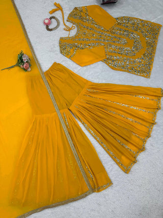 Yellow Faux Georgette Sharara Set with Thread & Sequin Work Full Stitched Outfit with Lace Border Dupatta ClothsVilla