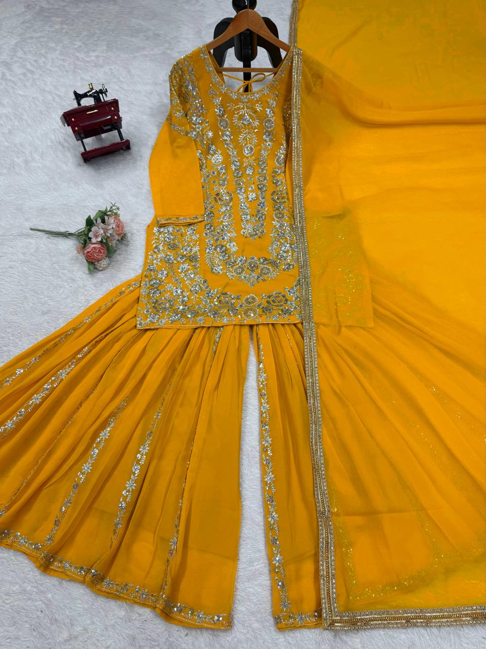 Yellow Faux Georgette Sharara Set with Thread & Sequin Work Full Stitched Outfit with Lace Border Dupatta ClothsVilla