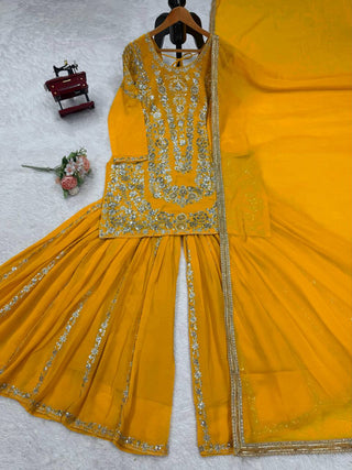 Yellow Faux Georgette Sharara Set with Thread & Sequin Work Full Stitched Outfit with Lace Border Dupatta ClothsVilla