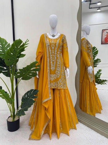 Yellow Faux Georgette Sharara Set with Thread & Sequin Work Full Stitched Outfit with Lace Border Dupatta ClothsVilla