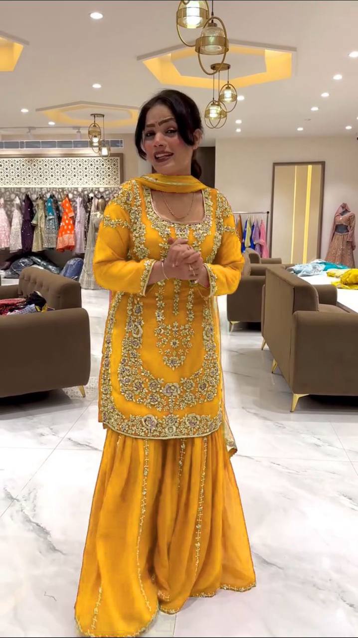 Yellow Faux Georgette Sharara Set with Thread & Sequin Work Full Stitched Outfit with Lace Border Dupatta Secondary image