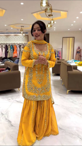 Yellow Faux Georgette Sharara Set with Thread & Sequin Work Full Stitched Outfit with Lace Border Dupatta ClothsVilla