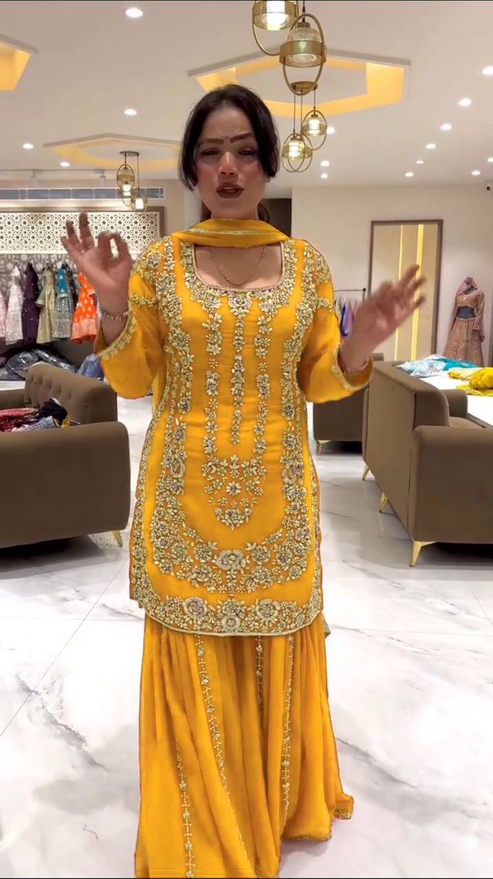 Yellow Faux Georgette Sharara Set with Thread & Sequin Work Full Stitched Outfit with Lace Border Dupatta ClothsVilla
