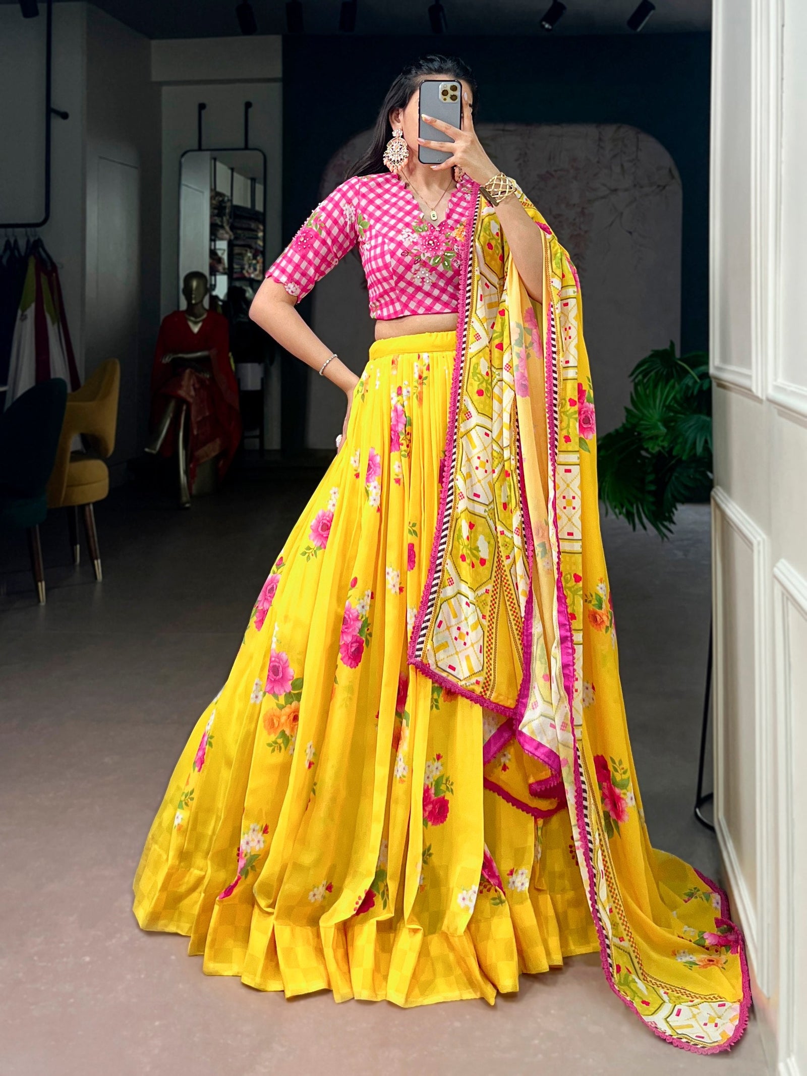 Yellow Floral Georgette Lehenga Choli ClothsVilla