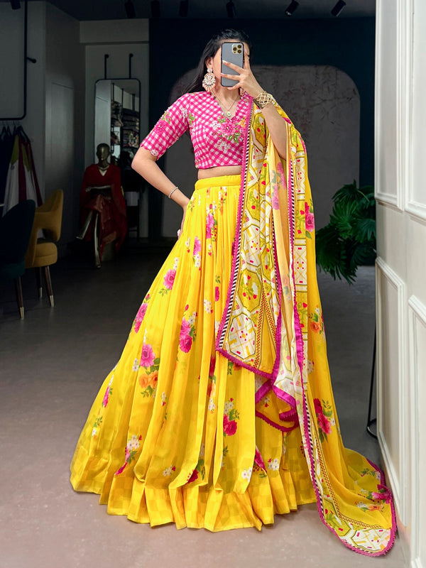 Yellow Floral Georgette Lehenga Choli ClothsVilla