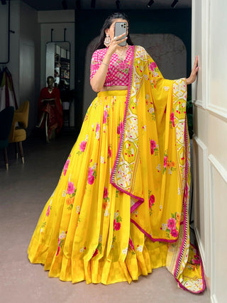 Yellow Floral Georgette Lehenga Choli ClothsVilla