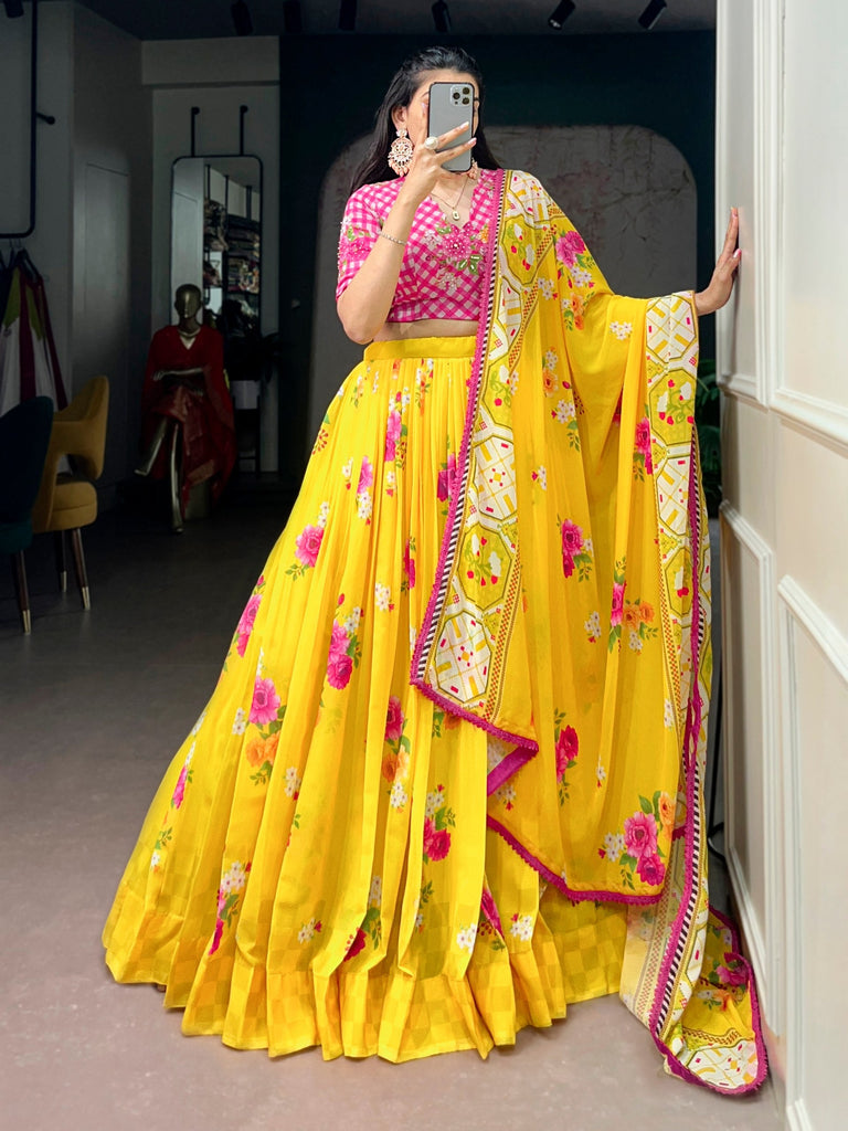Yellow Floral Georgette Lehenga Choli ClothsVilla