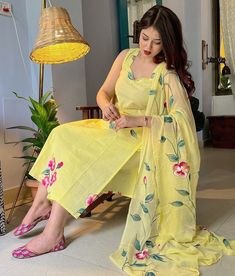 Yellow Floral Handpainted Straight Cut Suit - Elegance with a Modern Touch ClothsVilla Main image