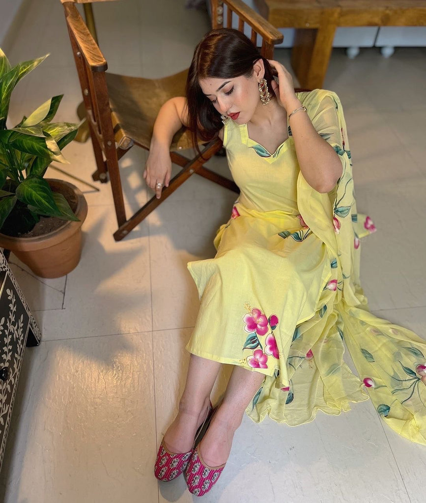 Yellow Floral Handpainted Straight Cut Suit - Elegance with a Modern Touch ClothsVilla