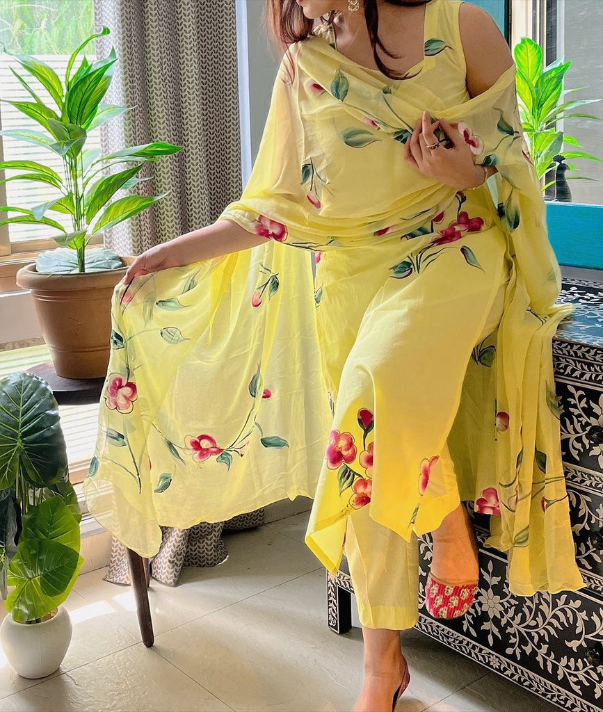 Yellow Floral Handpainted Straight Cut Suit - Elegance with a Modern Touch ClothsVilla