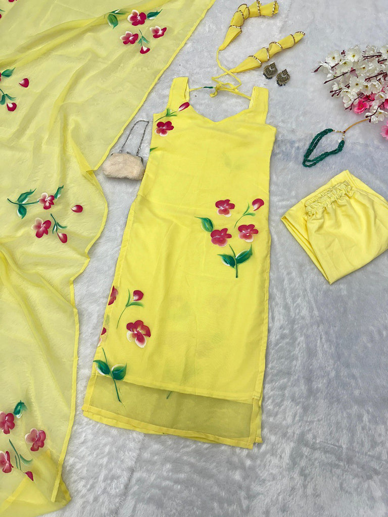 Yellow Floral Handpainted Straight Cut Suit - Elegance with a Modern Touch ClothsVilla