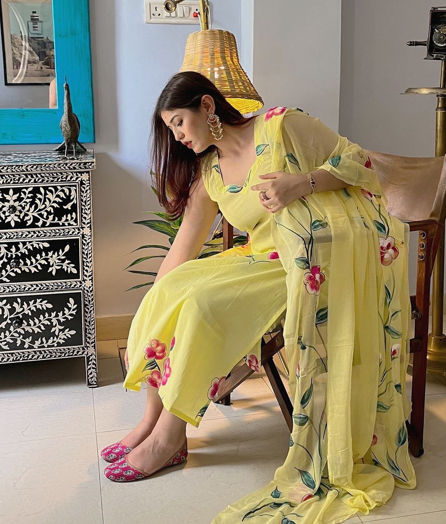 Yellow Floral Handpainted Straight Cut Suit - Elegance with a Modern Touch ClothsVilla