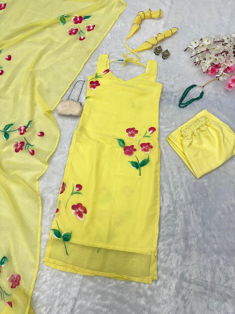 Yellow Floral Handpainted Straight Cut Suit - Elegance with a Modern Touch ClothsVilla