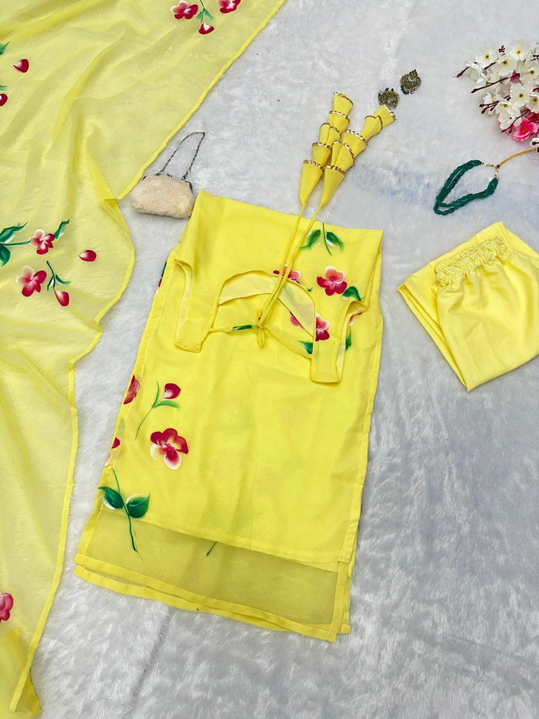 Yellow Floral Handpainted Straight Cut Suit - Elegance with a Modern Touch ClothsVilla