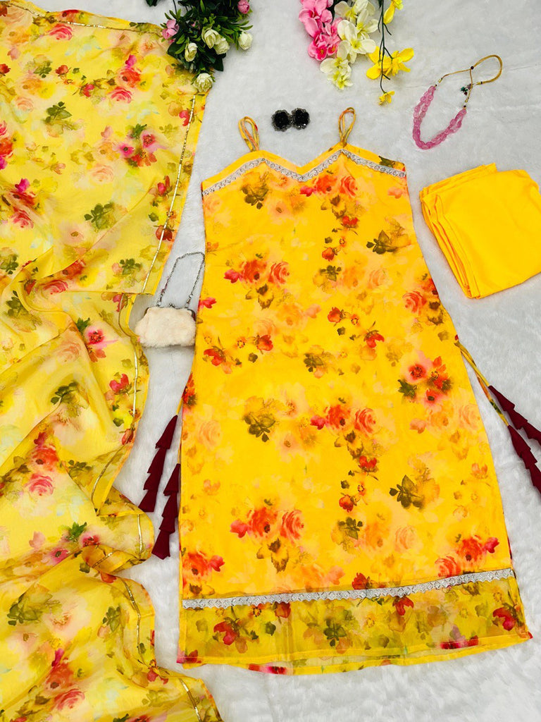 Yellow Floral Organza Straight Cut Suit with Dupatta ClothsVilla