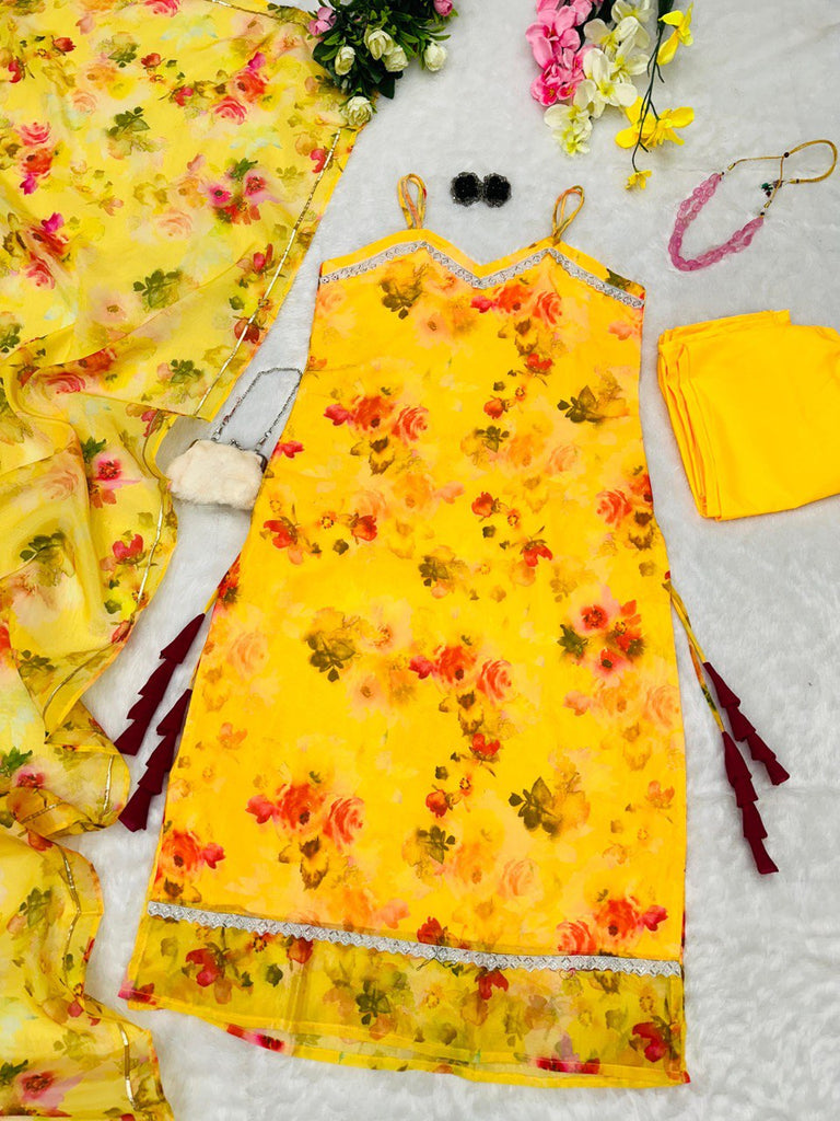 Yellow Floral Organza Straight Cut Suit with Dupatta ClothsVilla