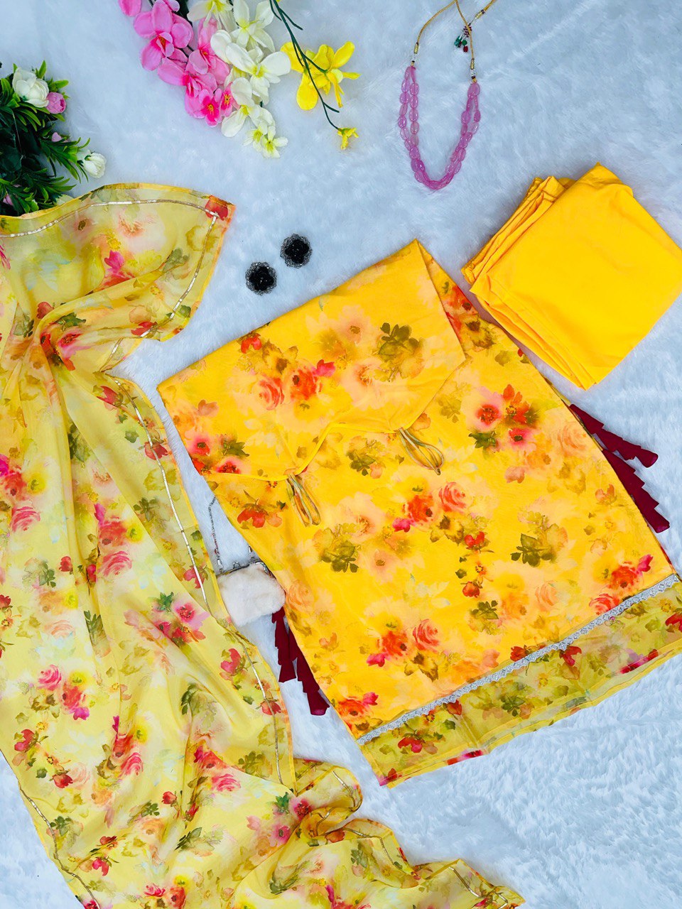 Yellow Floral Organza Straight Cut Suit with Dupatta ClothsVilla