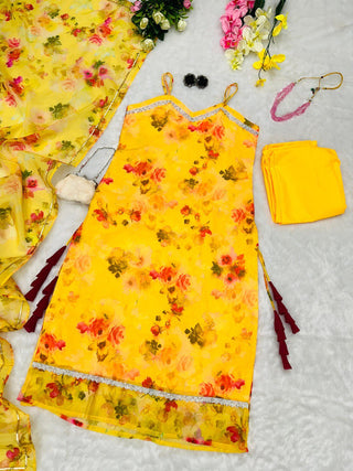 Yellow Floral Organza Straight Cut Suit with Dupatta ClothsVilla