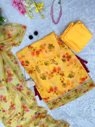 Yellow Floral Organza Straight Cut Suit with Dupatta ClothsVilla