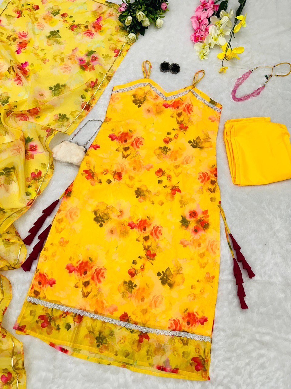 Yellow Floral Organza Straight Cut Suit with Dupatta ClothsVilla