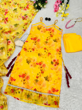 Yellow Floral Organza Straight Cut Suit with Dupatta ClothsVilla