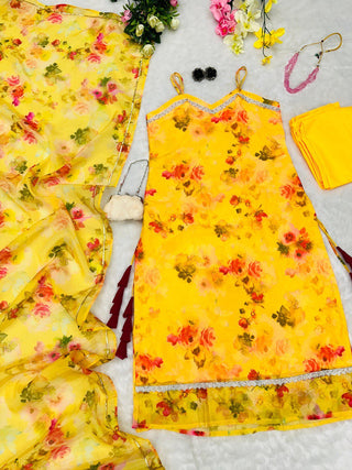Yellow Floral Organza Straight Cut Suit with Dupatta ClothsVilla