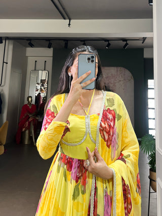 Yellow Floral Print Chiffon Stitched Gown with Lace Touch-Up & Designer Dupatta – Full Flair Partywear Gown for Women ClothsVilla