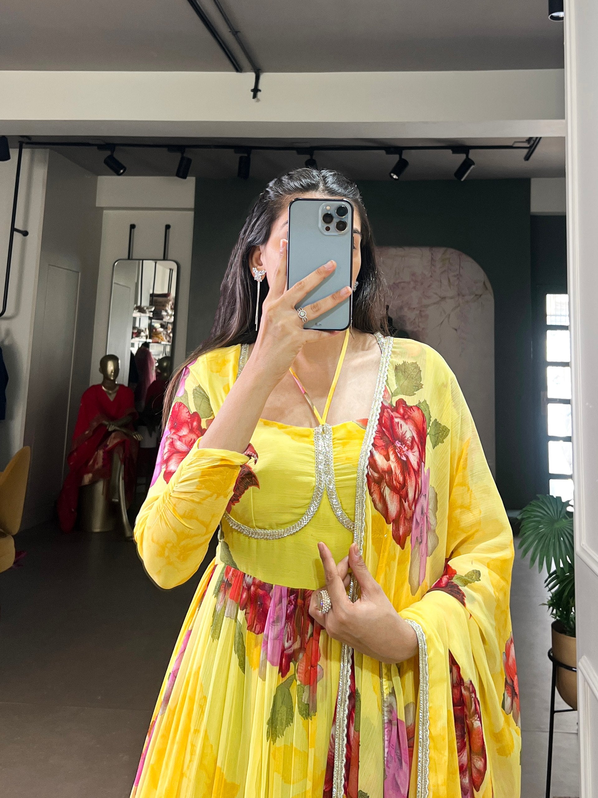 Yellow Floral Print Chiffon Stitched Gown with Lace Touch-Up & Designer Dupatta – Full Flair Partywear Gown for Women ClothsVilla
