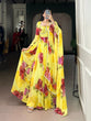 Load image into Gallery viewer, Yellow Floral Print Chiffon Stitched Gown with Lace Touch-Up &amp; Designer Dupatta – Full Flair Partywear Gown for Women ClothsVilla
