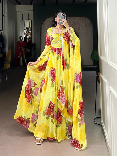 Yellow Floral Print Chiffon Stitched Gown with Lace Touch-Up & Designer Dupatta – Full Flair Partywear Gown for Women ClothsVilla