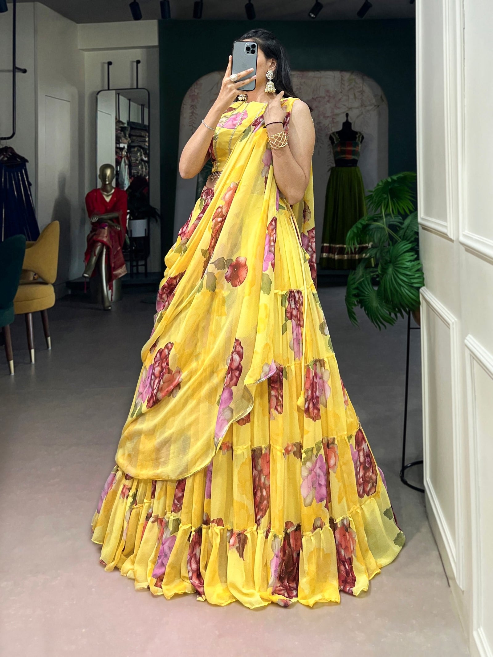 Yellow Floral Print Lehenga Set ClothsVilla