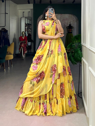 Yellow Floral Print Lehenga Set ClothsVilla