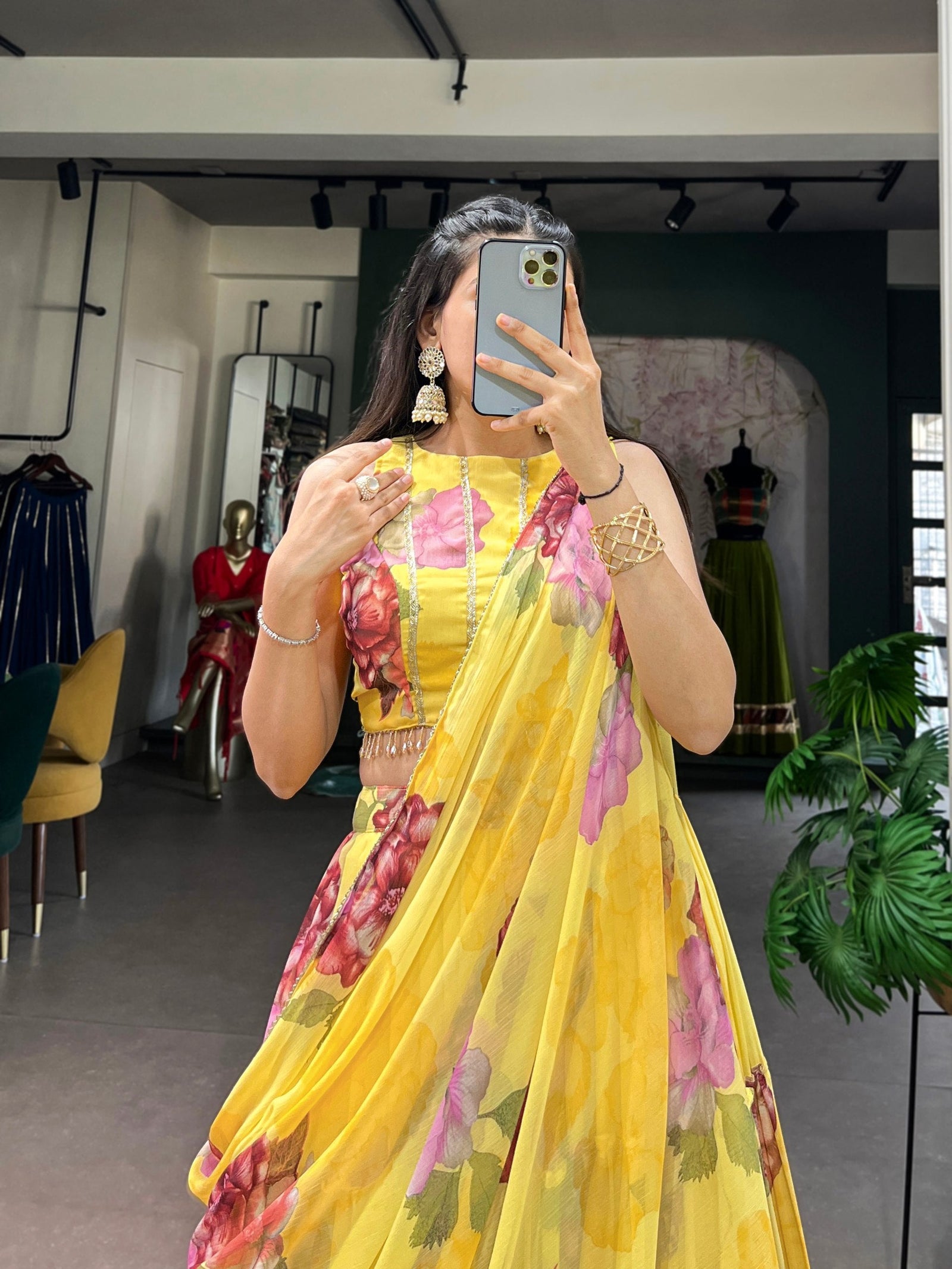 Yellow Floral Print Lehenga Set ClothsVilla