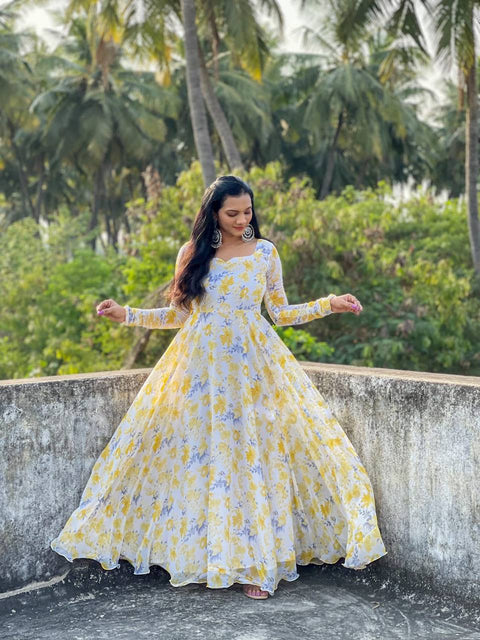 Yellow Floral Print Premium Georgette Readymade Gown ClothsVilla Main image