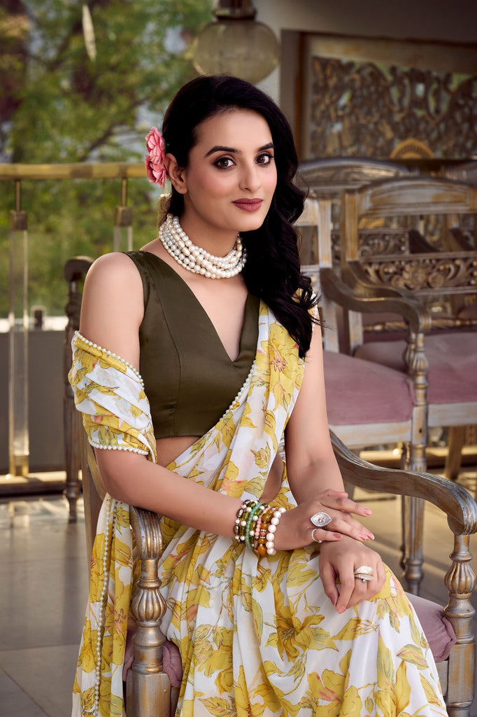 Yellow Floral Print Weightless Marble Saree with Pearl Lace Border & Moonga Silk Blouse ClothsVilla