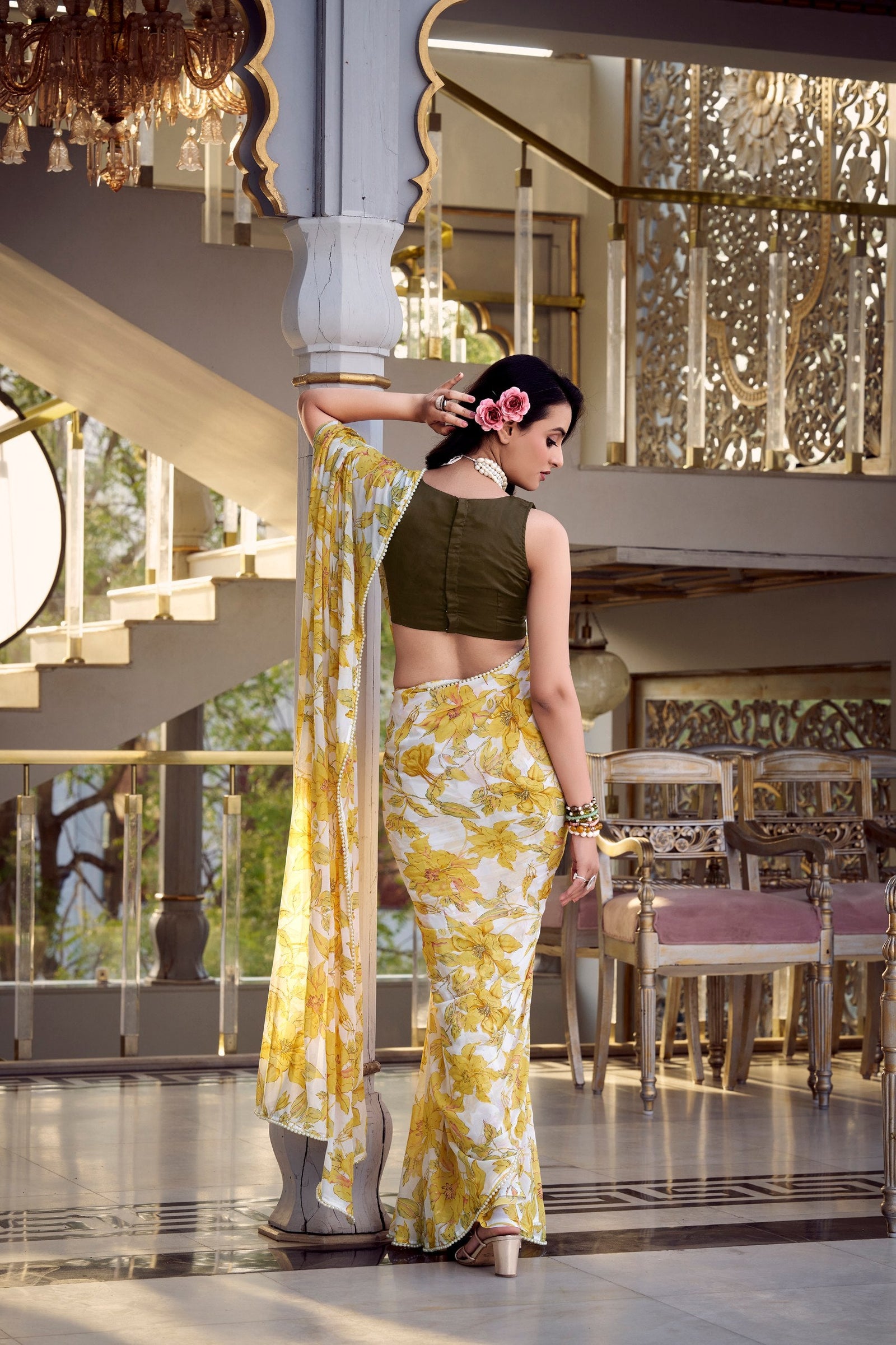 Yellow Floral Print Weightless Marble Saree with Pearl Lace Border & Moonga Silk Blouse ClothsVilla