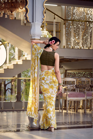 Yellow Floral Print Weightless Marble Saree with Pearl Lace Border & Moonga Silk Blouse ClothsVilla