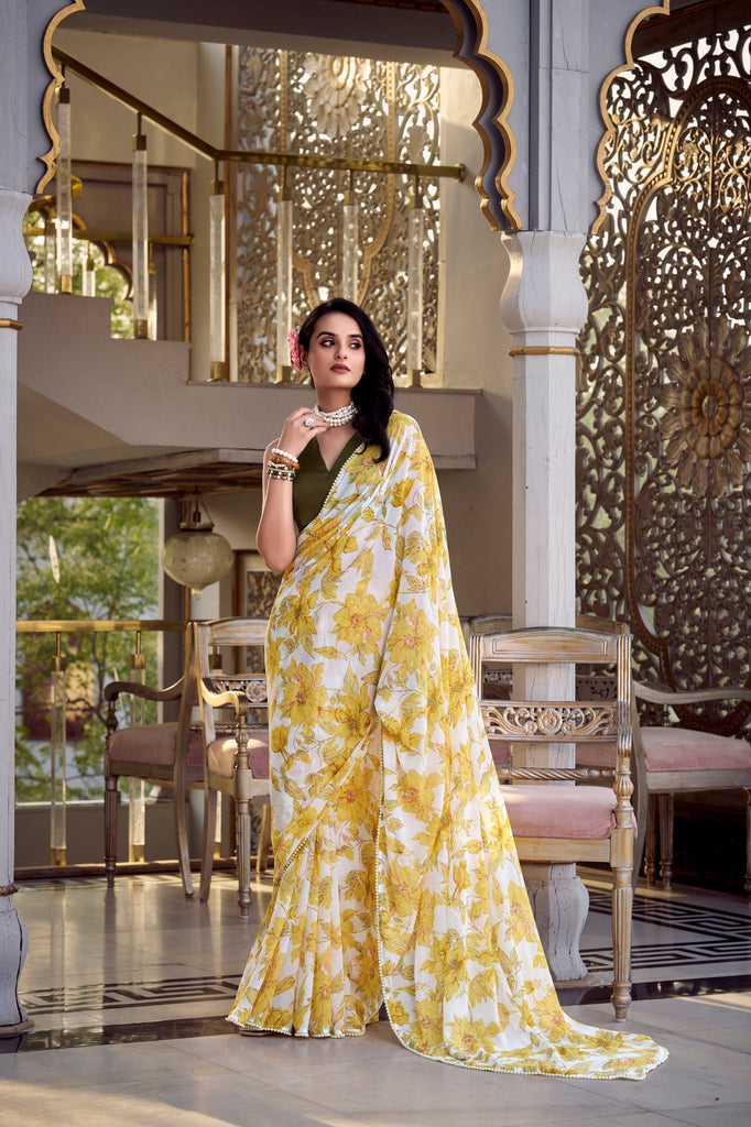 Yellow Floral Print Weightless Marble Saree with Pearl Lace Border & Moonga Silk Blouse ClothsVilla